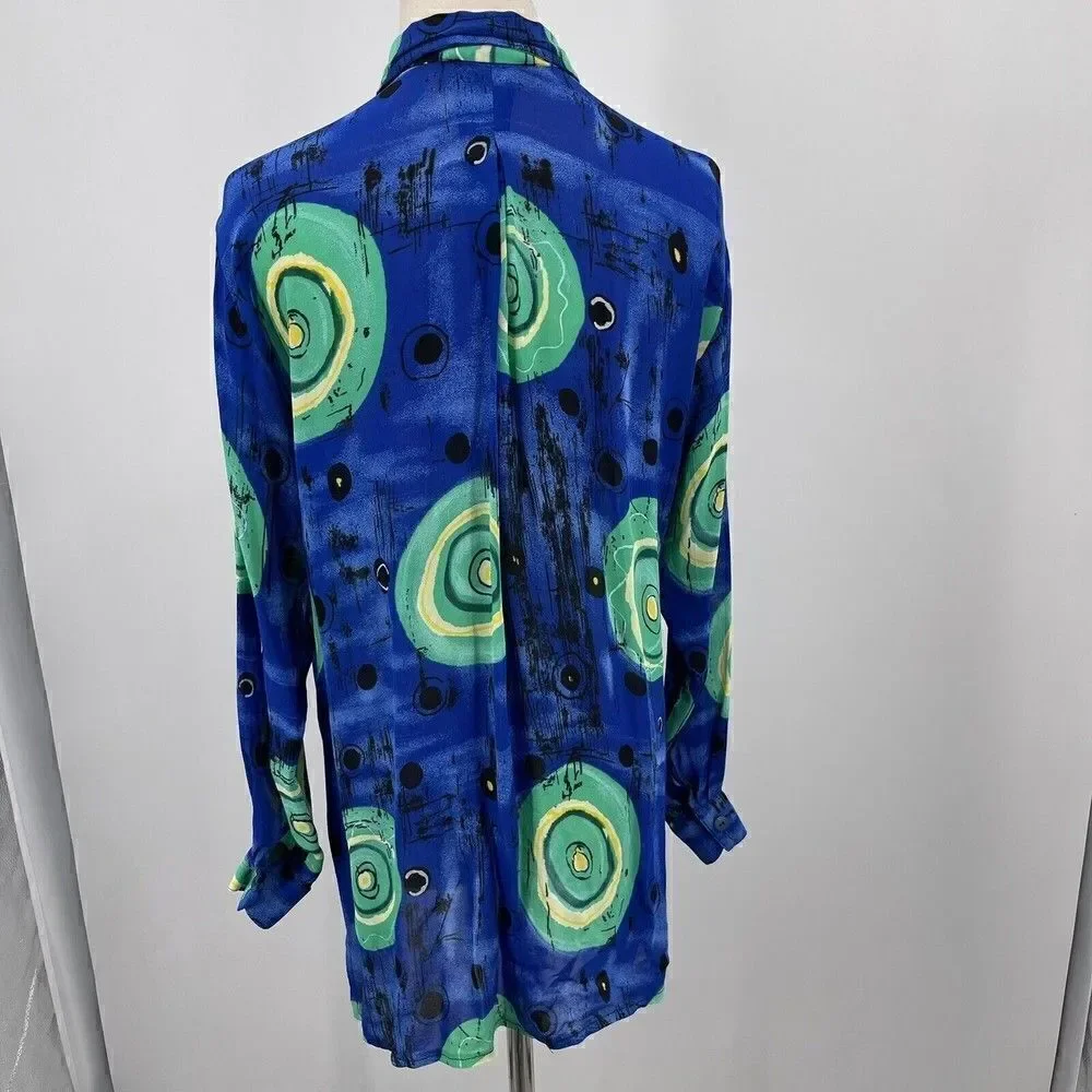 Dadier Parakian womans top S long sleeve button up silky geometric print blue